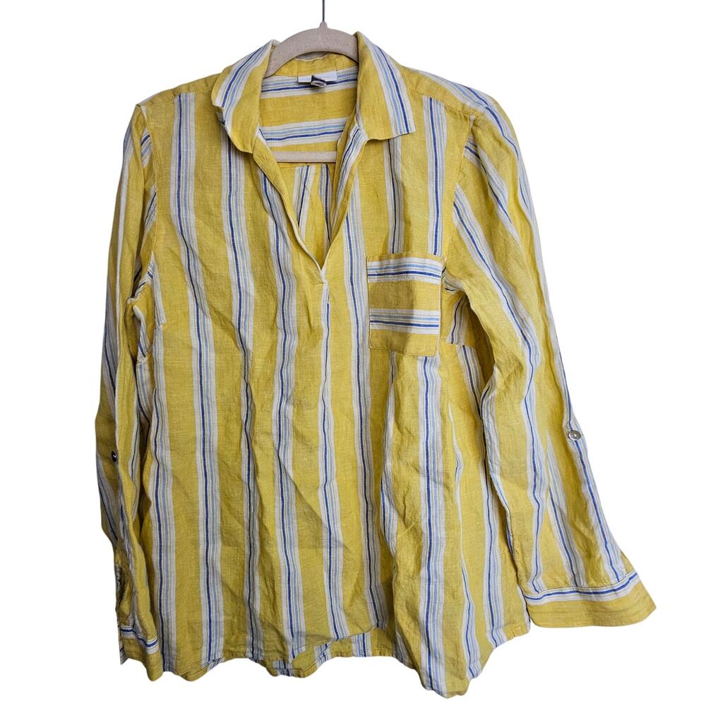 J. Jill Love Linen Yellow Striped Linen Shirt Tunic Top Womens M Long Sleeve